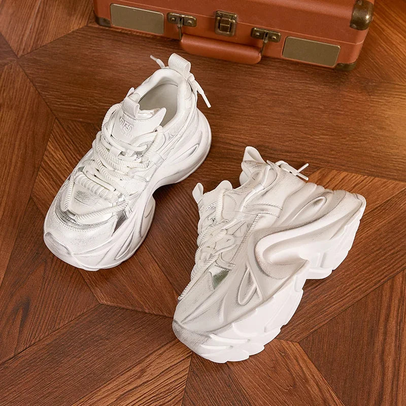 AUTUSPIN Winter Women High Heels Platforms Chunky Sneakers Leather Quality Sports Vulcanize Shoes Female Retro Lace-up Footwear