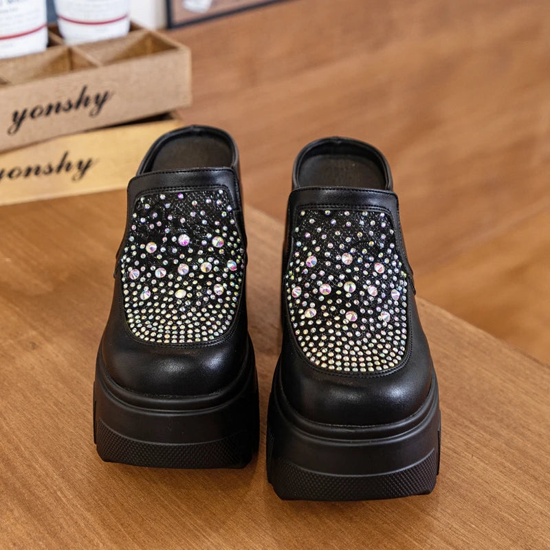Autuspin Women's Slippers 11cm Super High Heels Women Fashion Mesh Splicing Leather Round Toe Slides Crystal Ladies Mules Shoes