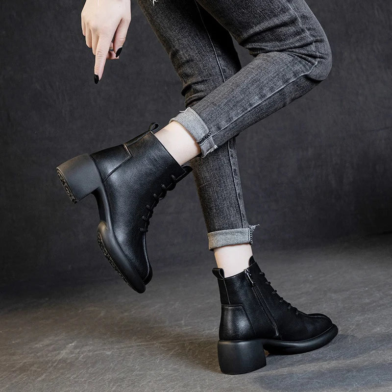 DRKANOL Women Thick Heel Ankle Boots Winter Plush Warm Casual Short Boots Ladies Real Cowhide Retro Style Zipper High Top Shoes