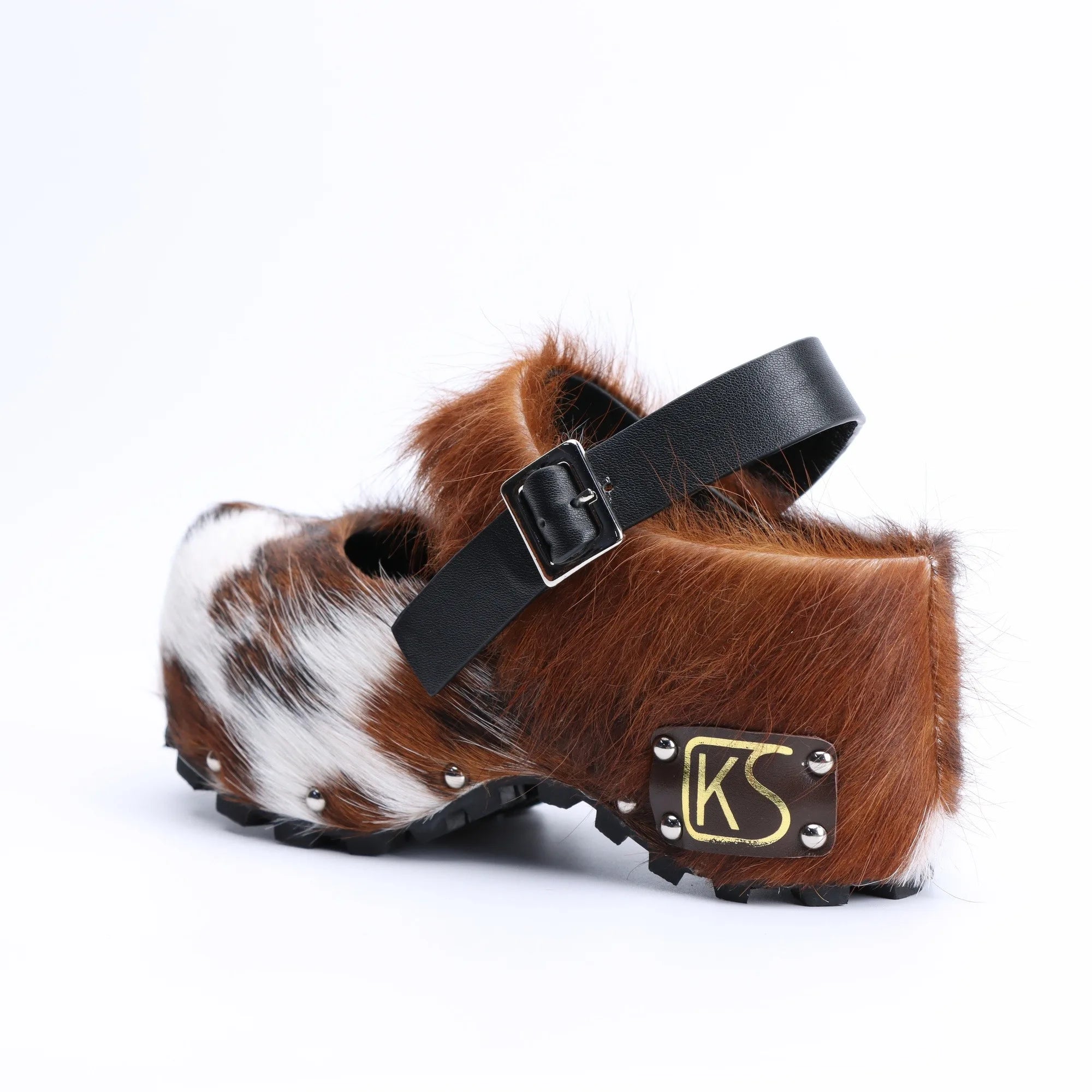 Handmade Platform Fur Clogs for Women, Arch Support Slip-On Luxury Leather Sandals with Natural Calf Hair, Studded Cowboy Style