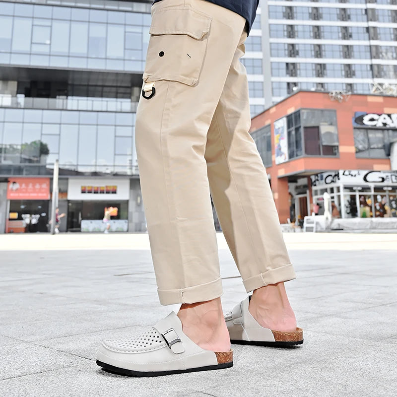 STRONGSHEN Men Half Slippers Summer Casual Fashion Mens Genuine Leather Sandals Breathable Slip on Soft Sole Shoes Moccasins