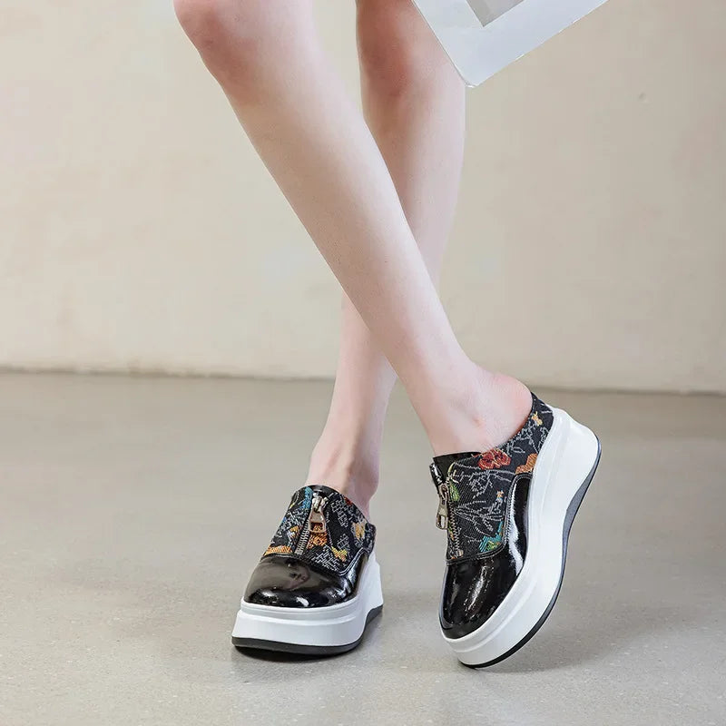 Fujin 7.5cm Patent Cloth Platform Wedge Comfy High Brand Breathable Summer Bao Toe Ladies Slippers Chunky Sneaker Casual Shoes