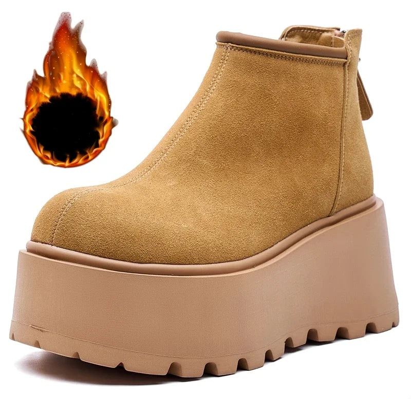 AUTUSPIN Outdoor Snow Boots Fot Women High Platform Concise Round Toe Warm Shoes Winter Flats Chunky Suede Leather Ankle Boot
