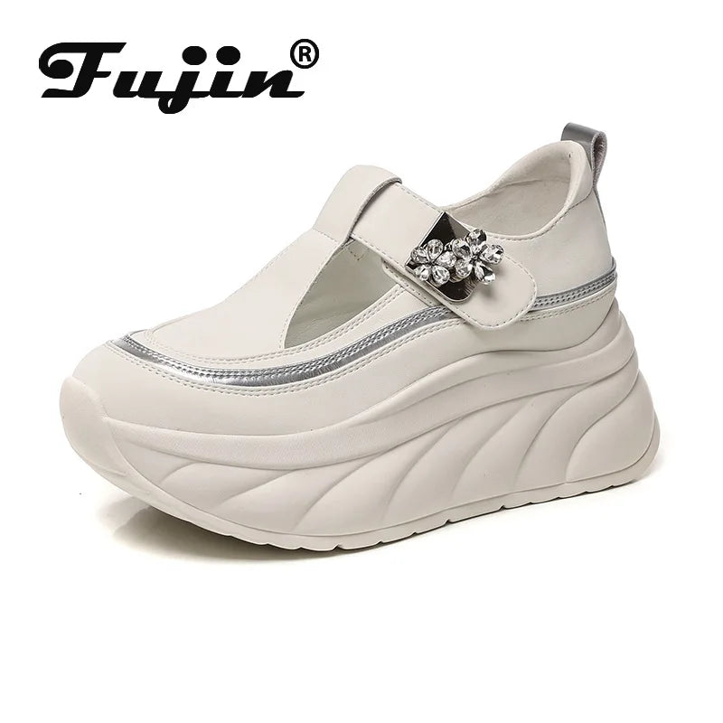 Fujin 8cm Platform Sneakers for Women Casual Shoes Slip on Magic Tape Chunky Shoes White Women Fashion Sneakers Walking Shoes