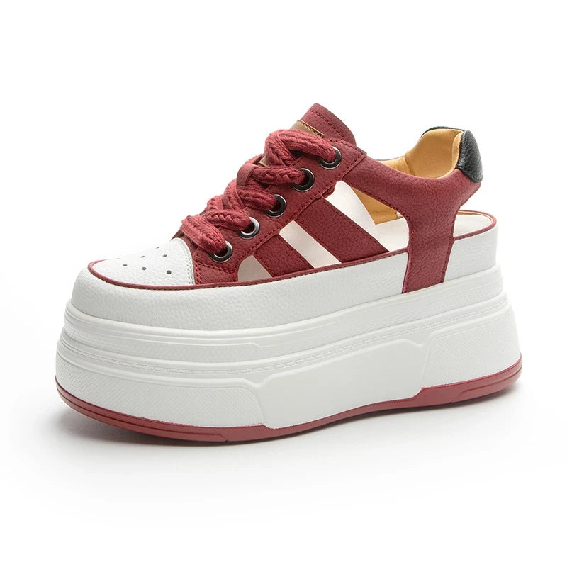 Autuspin Summer Sport Sandals Women Fashion Genuine Leather Hollow Out Vulcanized Shoes Ladies Rome Style High Platform Sneakers