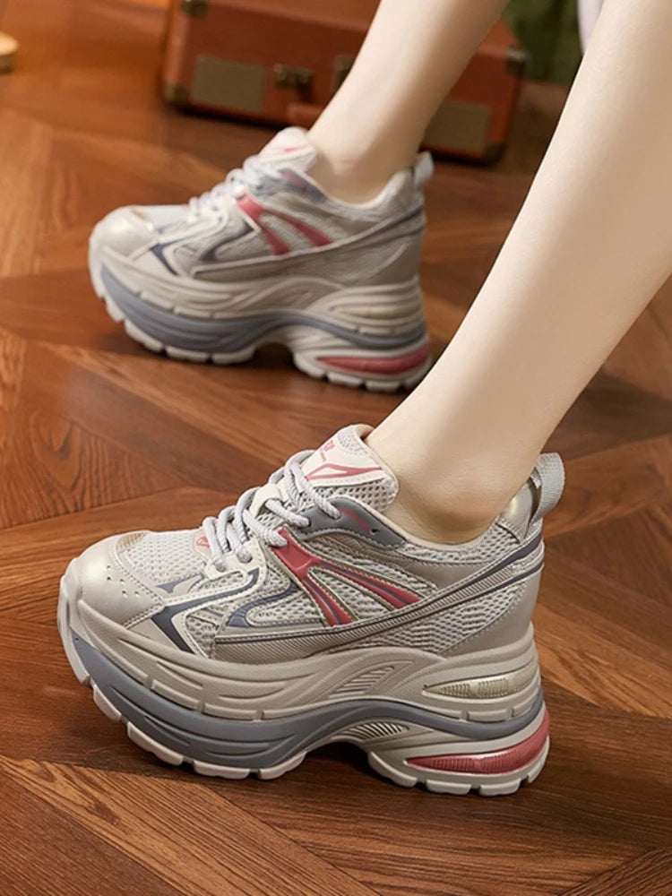 Fujin 10cm Genuine Leather Chunky Sneakers for Women Fashion Sneakers Walking Shoes Platform Heel Sneakers Women Casual Shoes