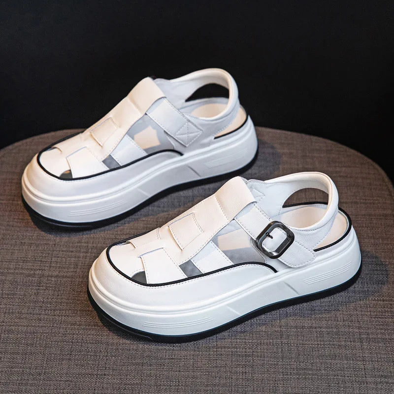 Fujin 5cm Cow Weave Genuine Synthetic Leather Pumps Platform Wedge Hook Summer Hollow Sandals Flats Women Slippers Fashion Shoes