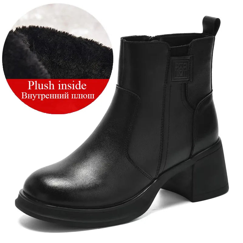 DRKANOL 2025 Women High Heel Ankle Boots Autumn Winter Plush Warm Shoes Quality Real Cowhide Trend Thick Heel Casual Short Boots