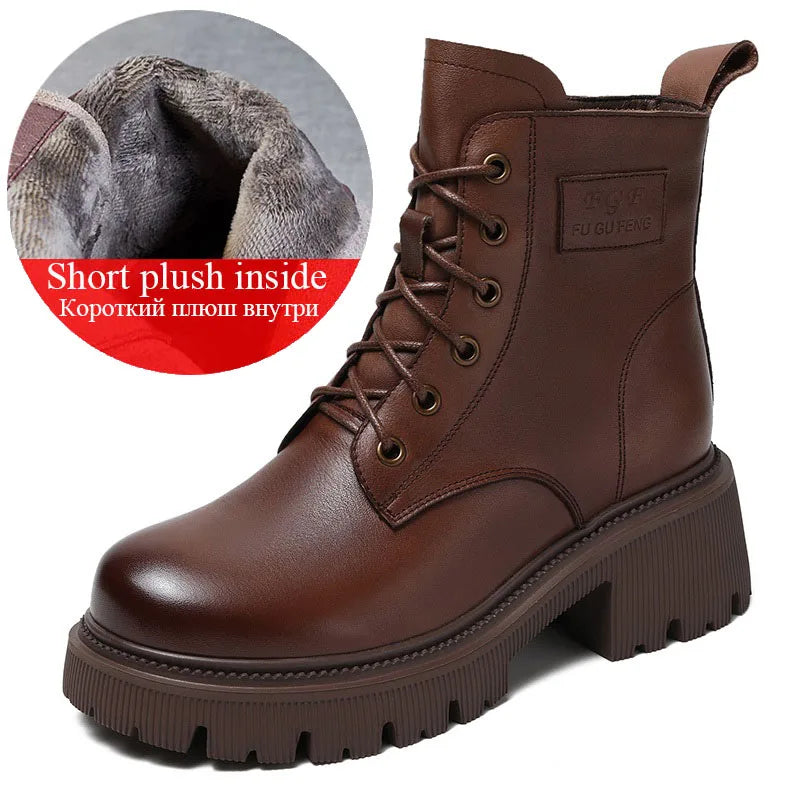 DRKANOL 2025 Fashion Women Genuine Cow Leather Thick Heel Ankle Boots Autumn Winter Chunky Platform Handmade Retro Warm Boots