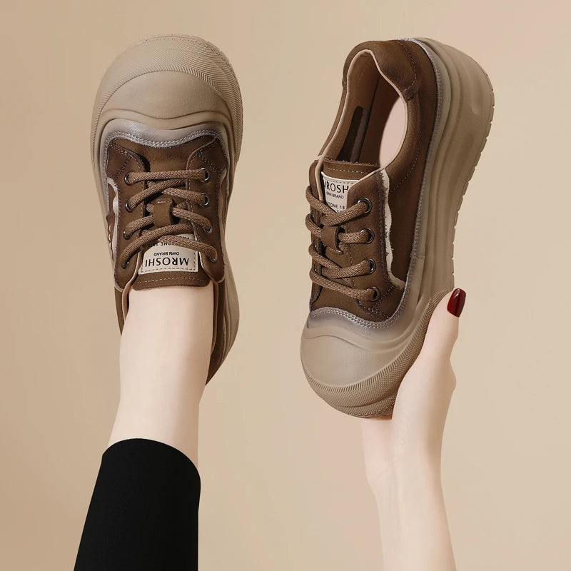 AUTUSPIN 4cm Chunky Flats Women Vulcanize Shoes Retro Leisure Genuine Cow Leather Skateboard Shoes Student Sport Sneakers Winter
