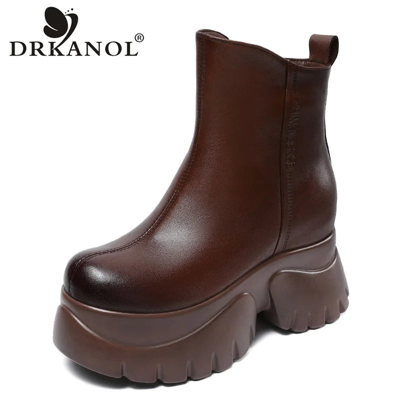 DRKANOL Women Genuine Leather Boots 2025 Autumn Winter Warm Platform Height Increasing 9.5cm High Heel Retro Casual Ankle Boots