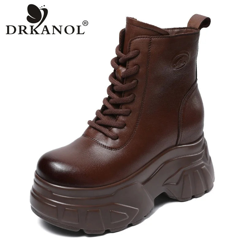 DRKANOL 2025 Women Wedges Heel Ankle Boots Autumn Winter 10cm Height Increasing Genuine Leather Platform Retro Warm Short Boots