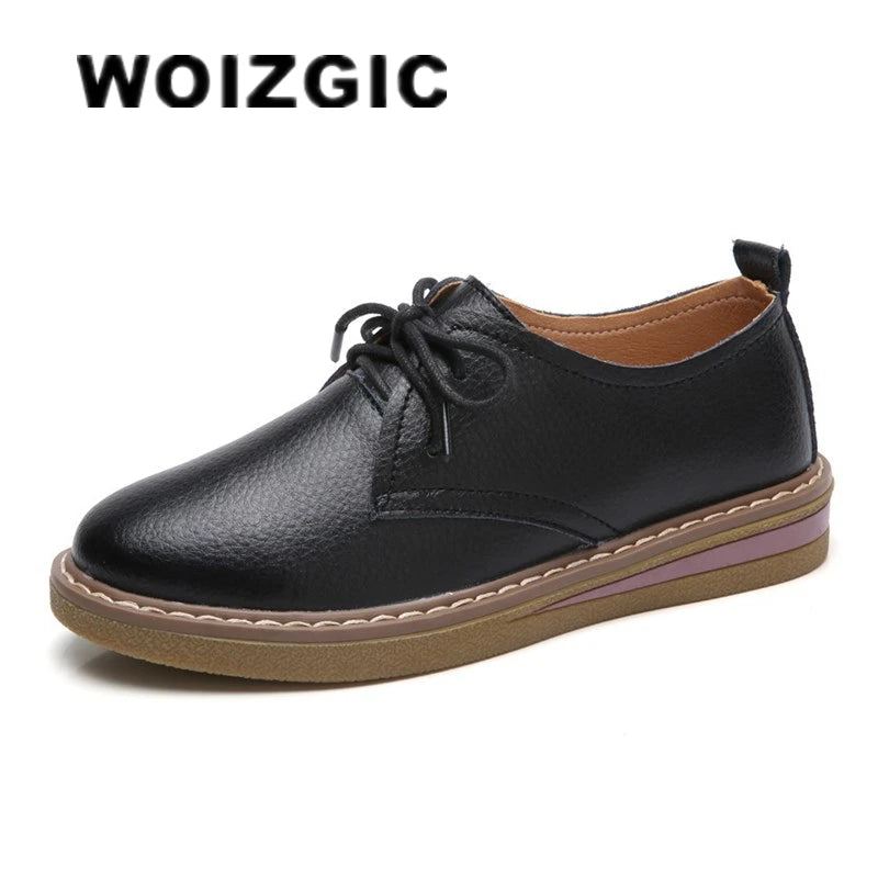 WOIZGIC Women Casual Shoes Flats Loafers Ladies Female Old Mother Cow Genuine Leather lace Up Pigskin Korean 35-40 SKH-058
