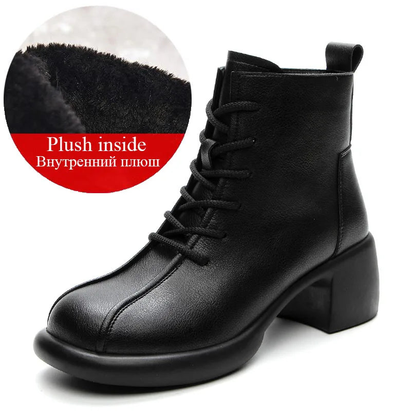 DRKANOL Women Thick Heel Ankle Boots Winter Plush Warm Casual Short Boots Ladies Real Cowhide Retro Style Zipper High Top Shoes