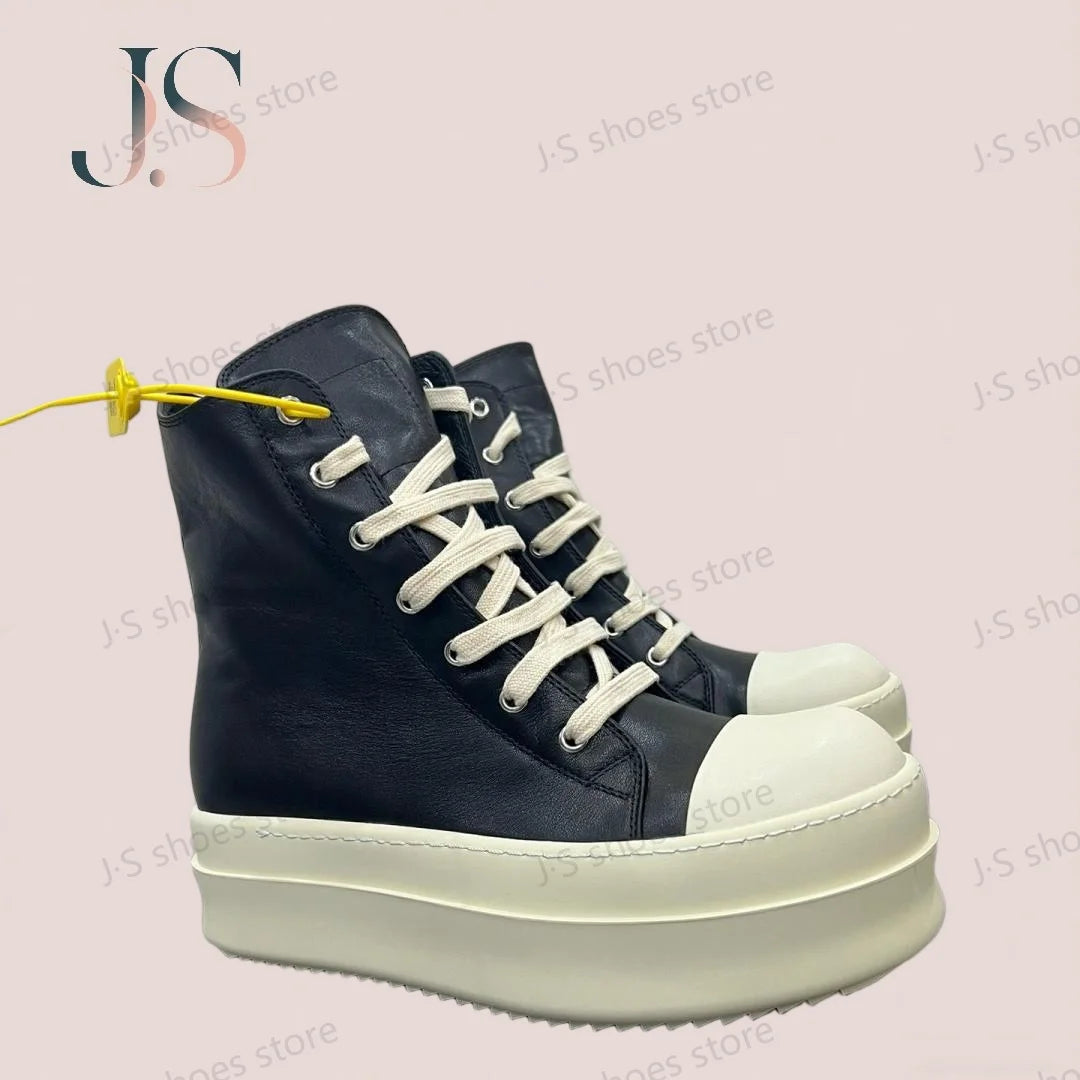 R-o Luxury Men Shoe Black Leather High Top Shoes Women Sneaker Casual Boot Zip 6cm Thick Sole Sneakers Pantshoes Ankle Boots