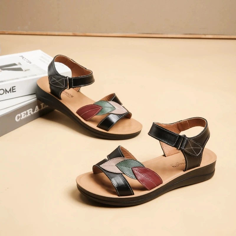 WOIZGIC Women's Mother Ladies Female Genuine Leather Sandals Shoes Platform Summer Cool Beach Soft Waterproof Leaf Non Slip