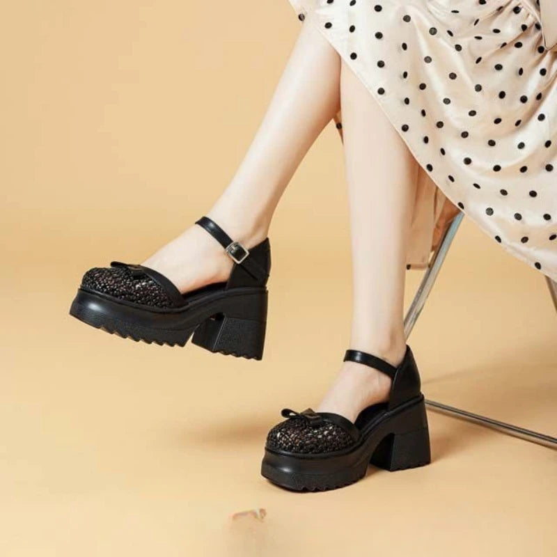 Fujin 10cm PU Synthetic Microfiber Leather Peep Toe Shoes Buckle Mary Jane Platform Wedge Fashion Slippers Women Sandals Pumps