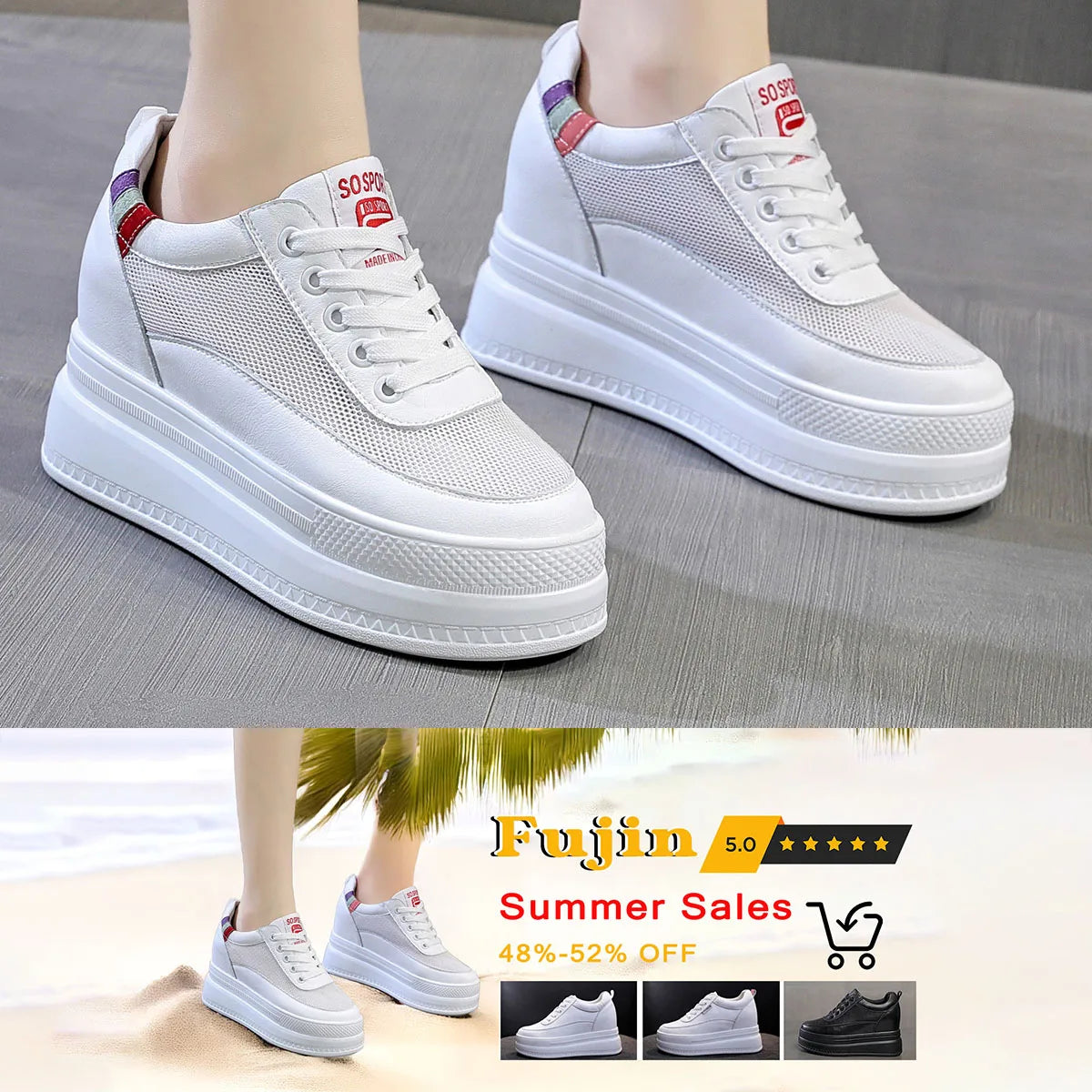 fujin 9cm platform heel wedge shoes sneakers pumps white platform air mesh hollow pumps shoes women  zapatos de mujer