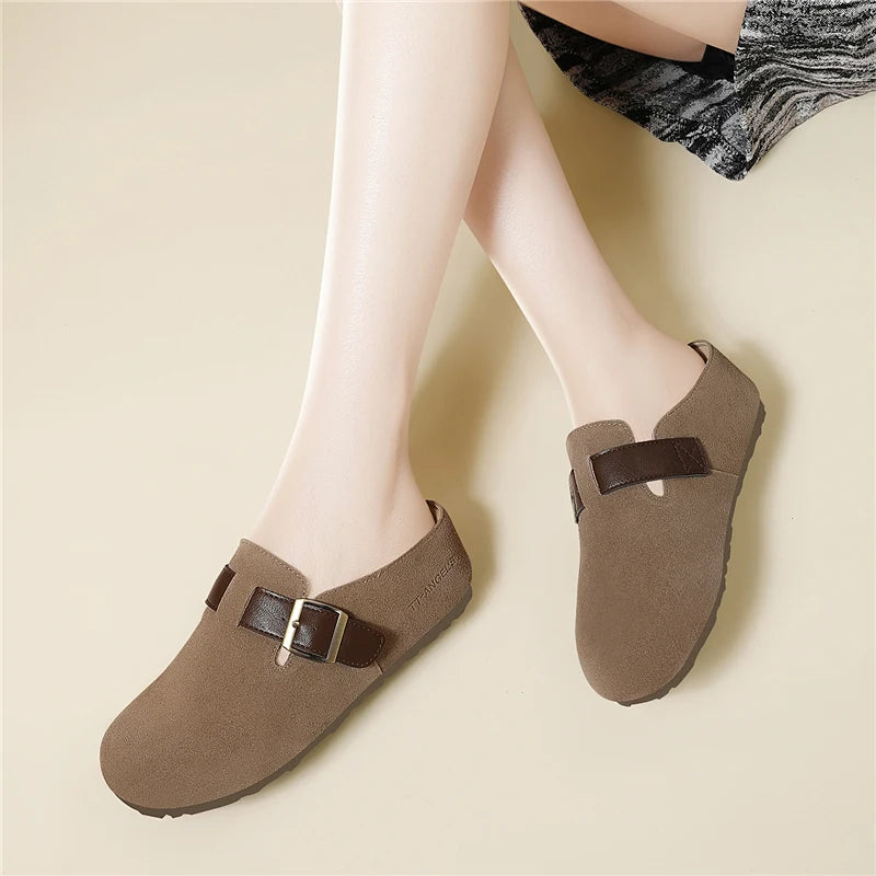 AUTUSPIN Fashion Round Toe Slides Shoes Women 2025 Summer Spring Suede Leather Mules Slippers Female Lazy Slip on Loafers Woman
