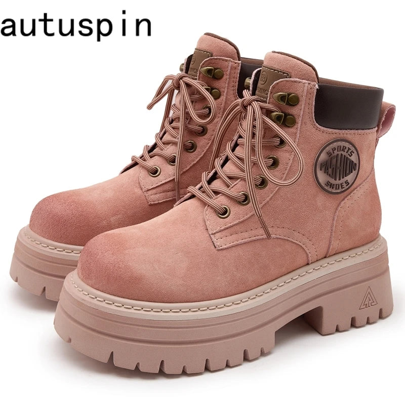 AUTUSPIN 6cm Thick Heels Women Motorcycle Boots Winter Autumn Female Fashion Cross-tied Genuine Leather Shoes Short Ankle Boot