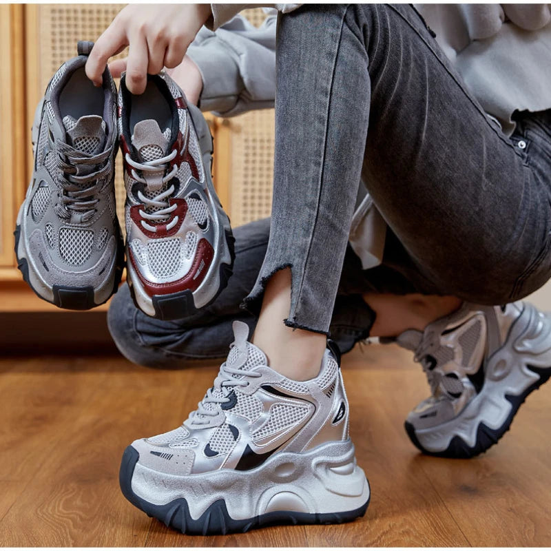 Fujin 12cm Air Mesh Microfiber Synthetic Chunky Sneakers Spring Shoes Leather Ankle Booties Women Vulcanize Boots Autumn