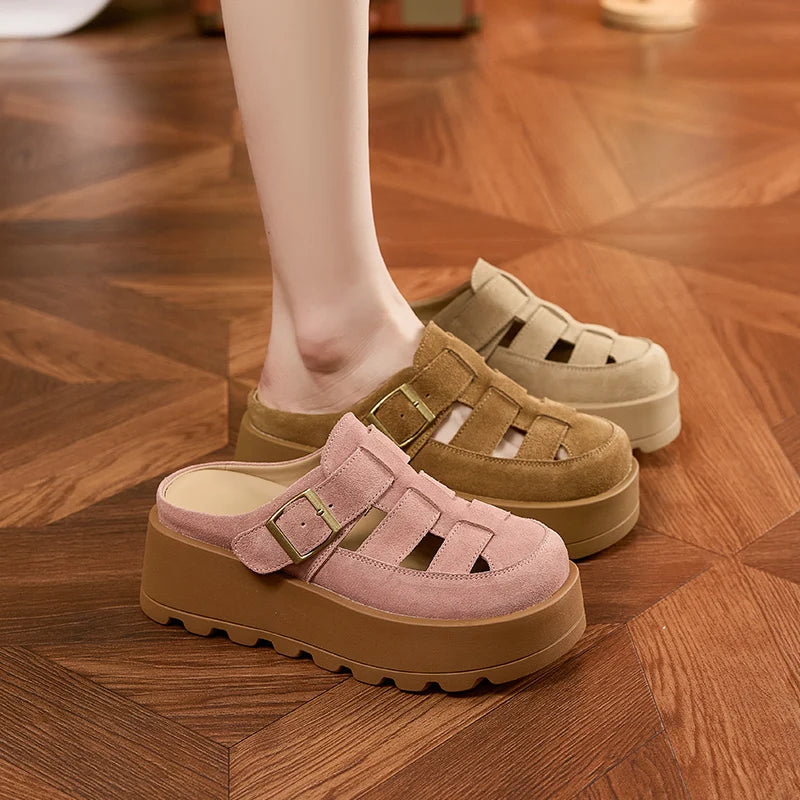 AUTUSPIN Retro Pink Mules Shoes Women Summer Hollow Out Suede Leather Ladies Slippers Wide Toe Casual Platform Slides Shoes 2025