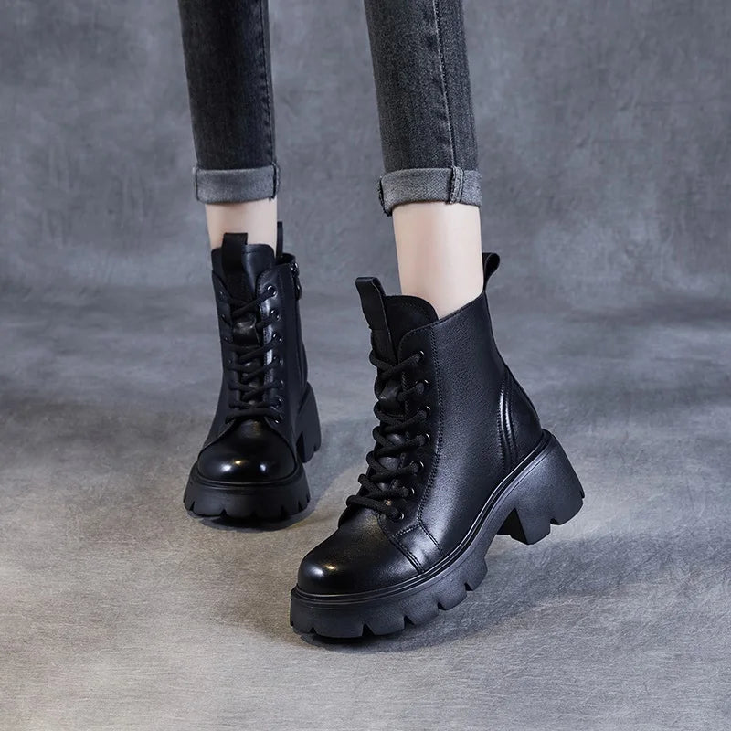 DRKANOL Genuine Cow Leather Ankle Boots For Women Height Increasing Thick High Heel Chunky Platform Autumn Winter Fur Warm Boots