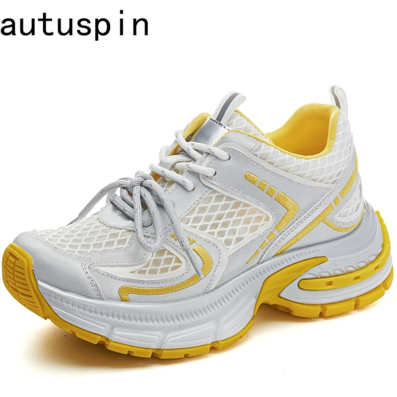 AUTUSPIN Summer Thick Bottom Women's Shoes Outdoor Fashion Leather Ladies Vulcanized Sneakers Breathable Mesh Shoes Comfortable