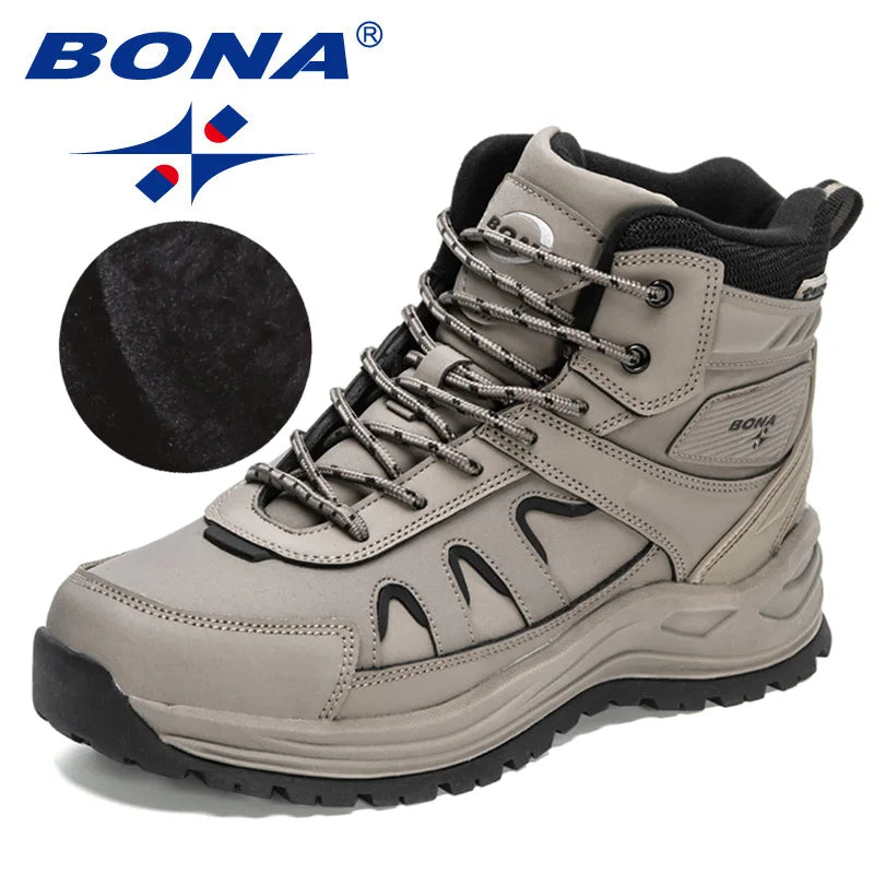 BONA 2023 New Designers High Top Hiking Shoes Men Anti-Slip Outdoor Climbing Trekking Shoes Man Tactical Plush Winter BootsBoots