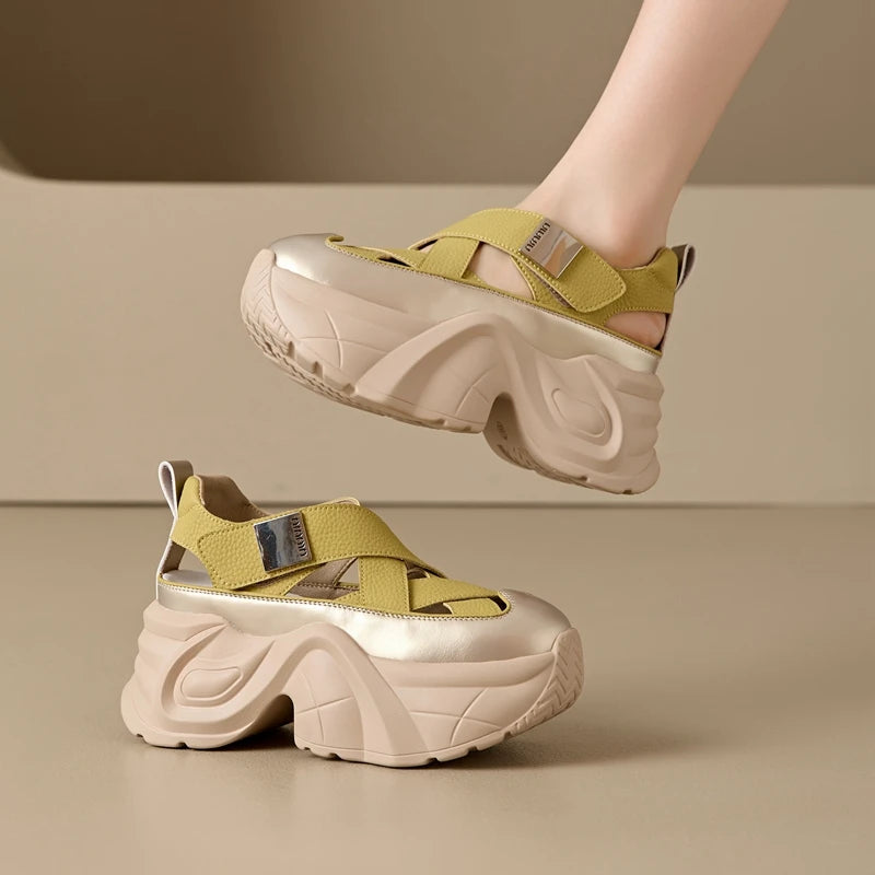 Autuspin 8cm Women Chunky Platform Sandals Summer Hollow New Synthetic Leather Ladies Shoes Wedges Platforms Female High Heels