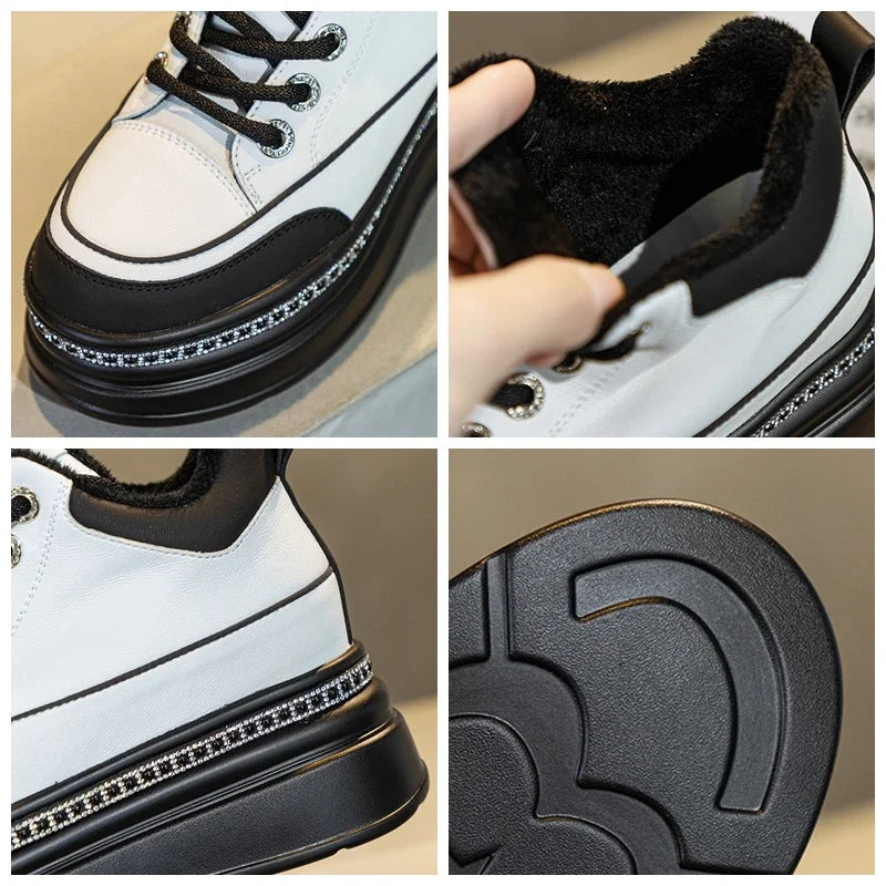 Fujin 6cm New Genuine Leather Women Shoes Winter Boot Women Combat Boots Ankle Platform Sneakers Spring Autumn Warm Fur Booties