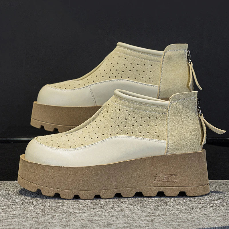 Fujin 6CM Suede Cow Genuine Leather Moccasins Women Platform Wedge Flats Women Shoes Ankle Booties Females ZIP Pumps Shoes