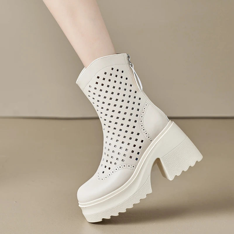 Autuspin 10cm Thick High Heels Women Summer Ankle Boots Microfiber Leather Ladies Hollow Short Boot Shoes Woman Basic Booties