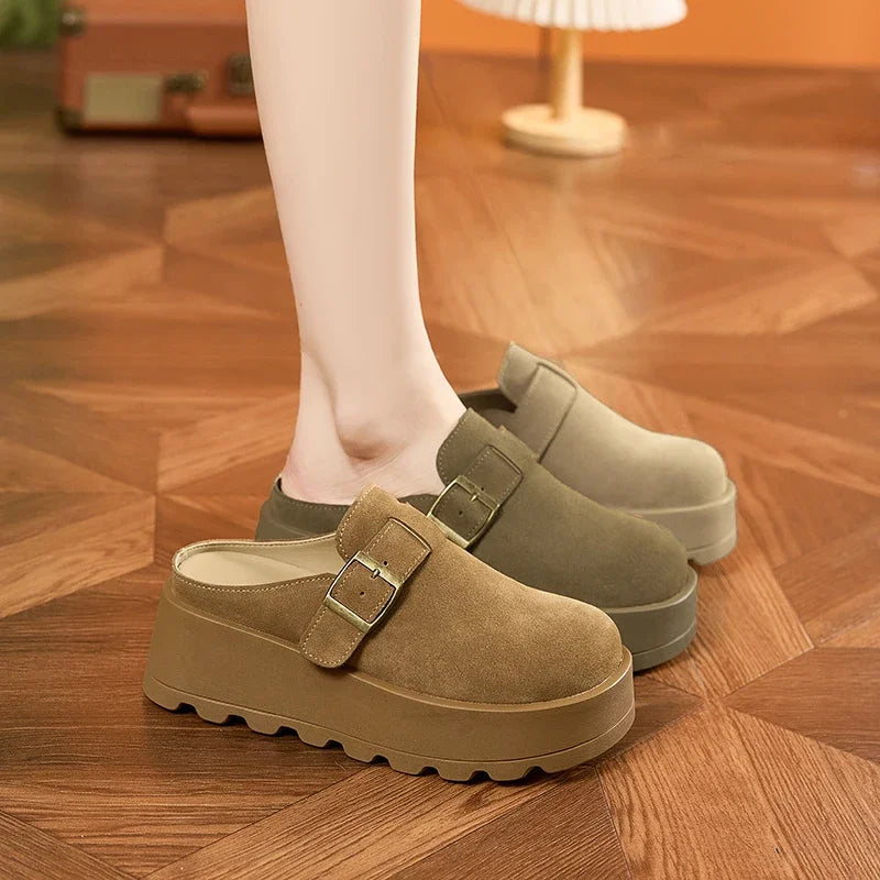 AUTUSPIN Fashion Suede Leather Slippers Women Leisure Buckle Mules Shoes Spring Summer Thick Platform Woman Round Toe Slides