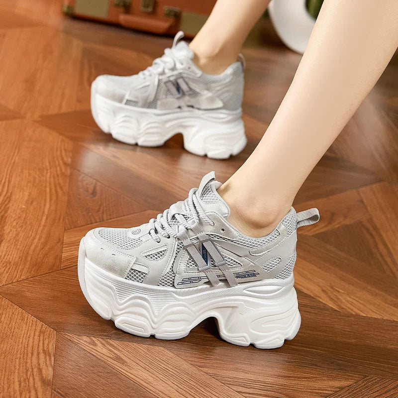 AUTUSPIN 9.5cm Grey Thick Bottom Shoes Women Summer Air Mesh Sneakers Leisure Footwear Female Street Tide High Platform Shoes