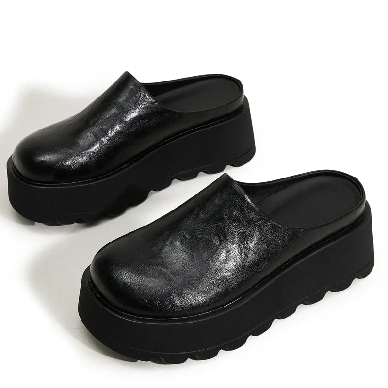 AUTUSPIN 7cm High Heels Mules Shoes for Women 2025 Spring Summer Fashion Thick Soled Ladies Slippers Round Toe Loafers Woman