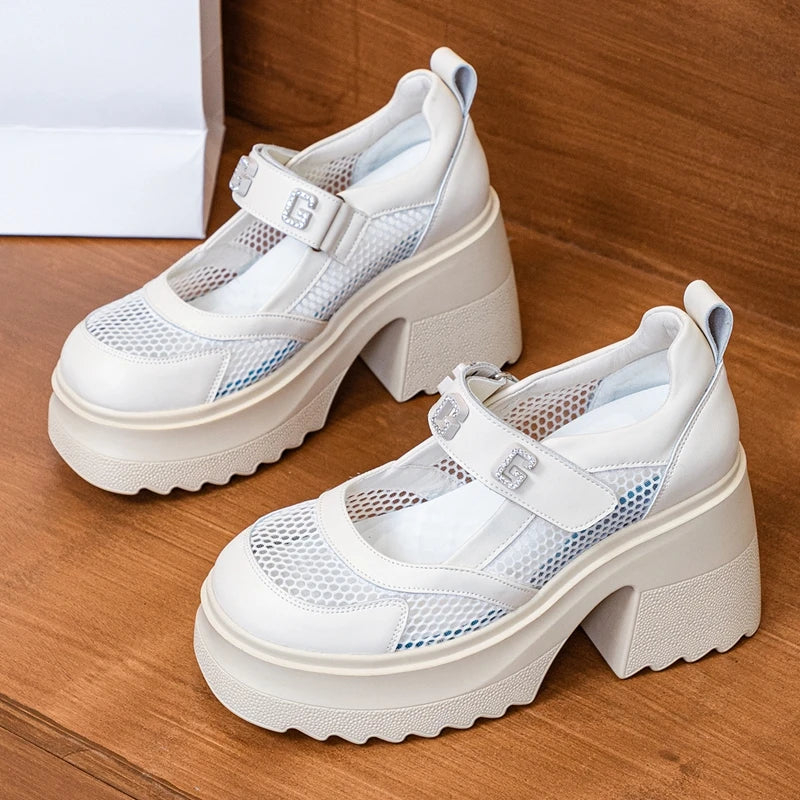 AUTUSPIN New Arrival Women Mary Janes Pumps Summer Round Toe Leather Mesh High Platform Shoes Female Sweet Crystal Block Heels