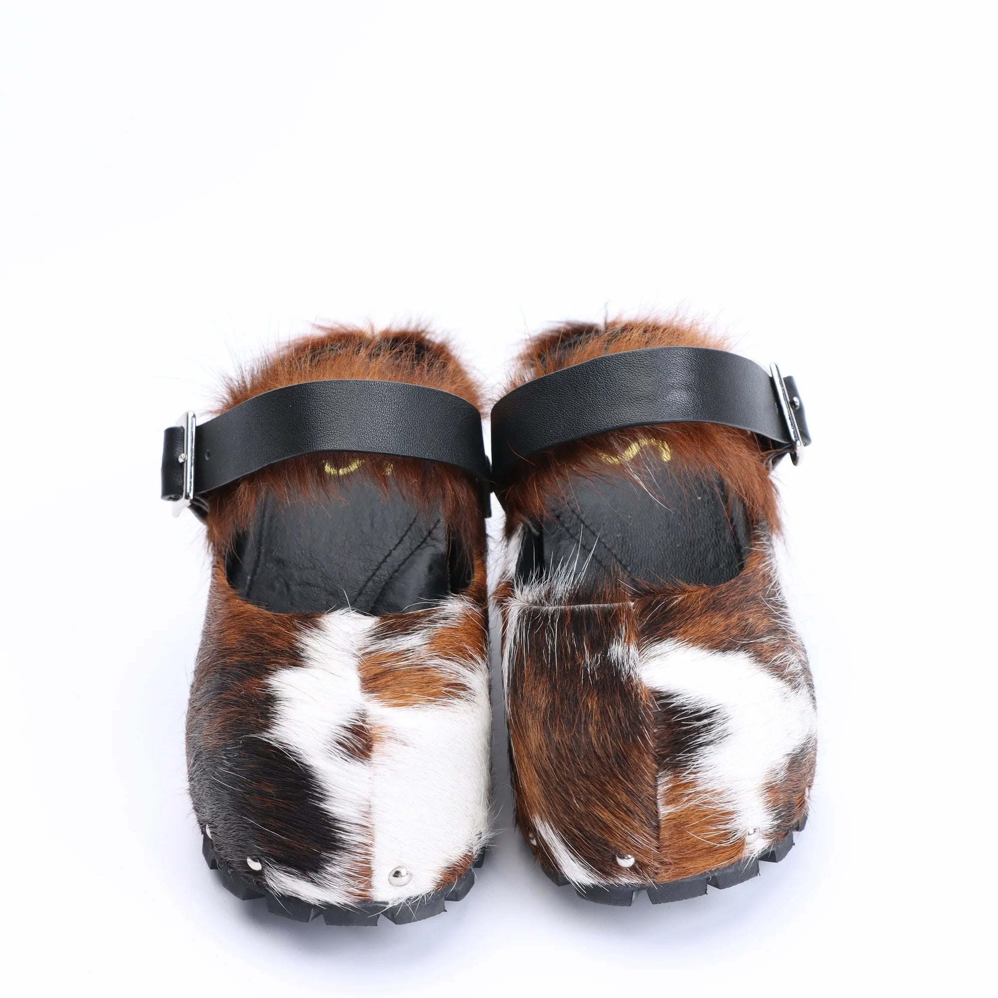 Handmade Platform Fur Clogs for Women, Arch Support Slip-On Luxury Leather Sandals with Natural Calf Hair, Studded Cowboy Style