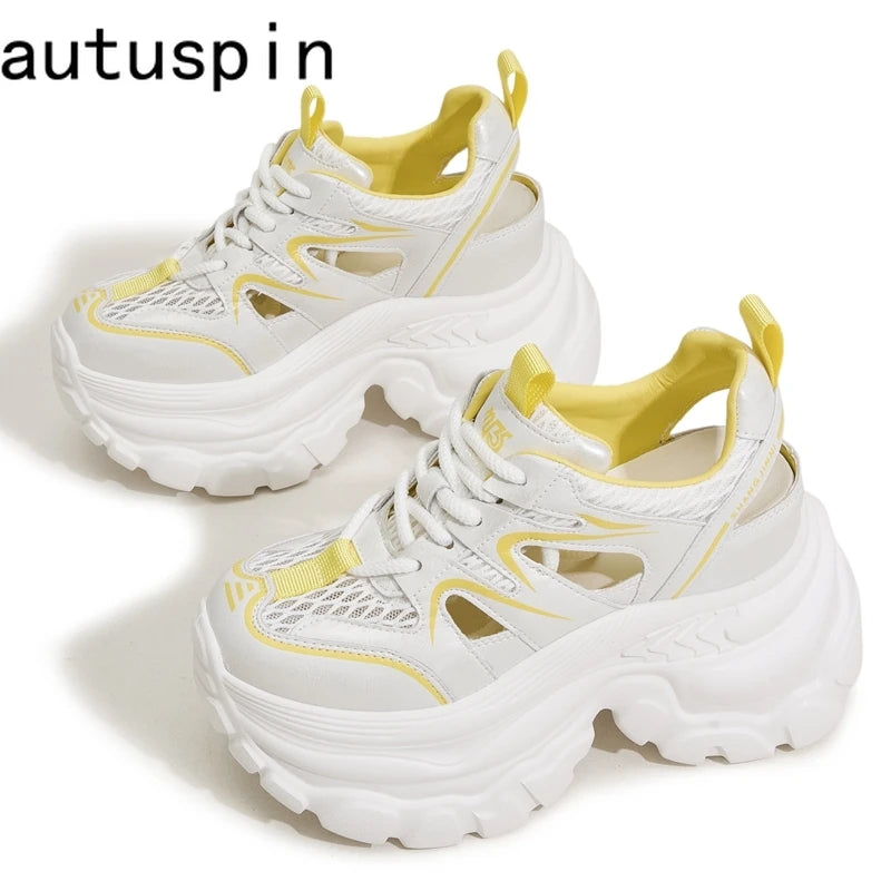 AUTUSPIN 9cm High Platform Women Sandals Summer Fashion Sports Style Hollow Out Sandalias Female Breathable Mesh Shoes 34-39