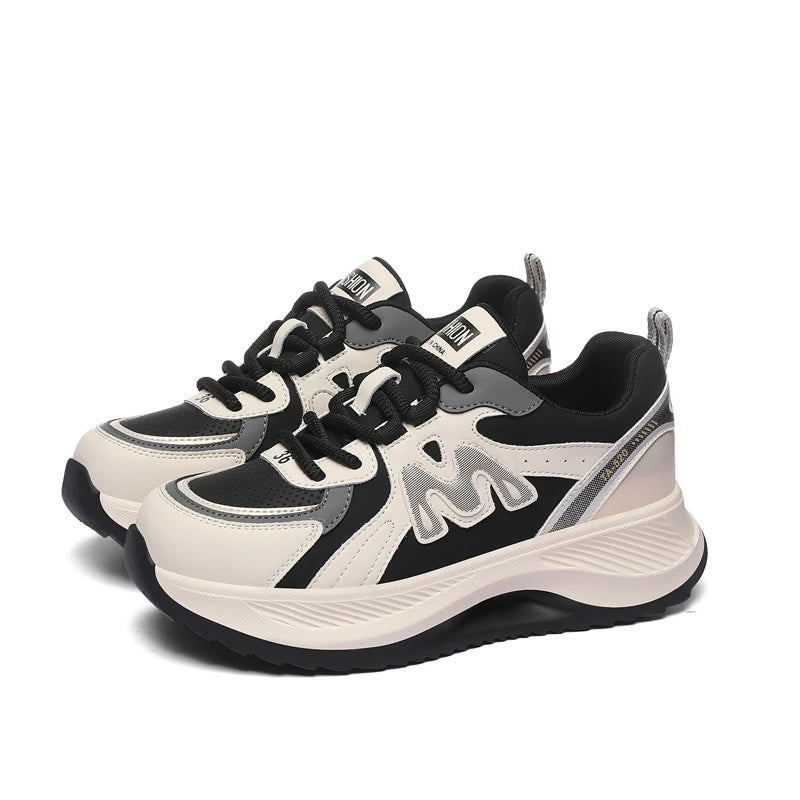 AUTUSPIN 4.5cm Comfortable Thick Soled Ladies Shoes Outdoor Casual Fashion Sneakers Women Leather Footwear Students Gym Shoes