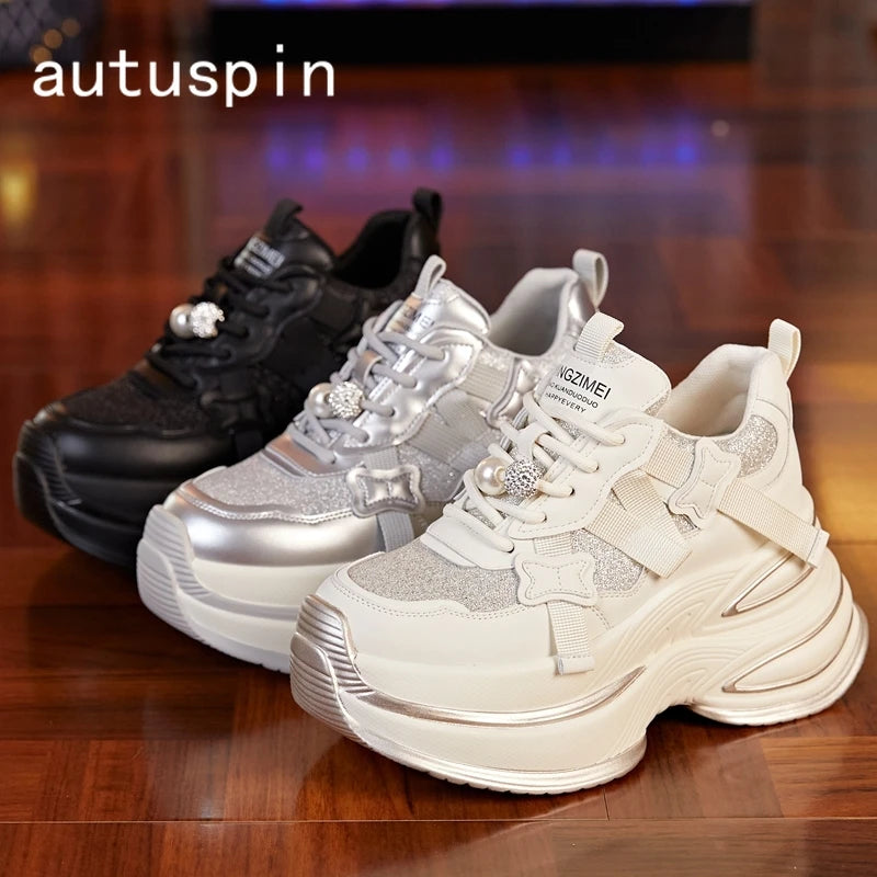 AUTUSPIN 8cm Genuine Leather Bling Shoes for Women Autumn Winter Thick Platform Fashion Sneakers Chunky Walking Shoes Female