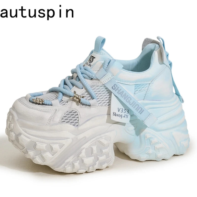 AUTUSPIN Women Shoes Mixed Colors Ladies Chunky Leisure Sneakers Summer Breathable Mesh Synthetic Leather Sports Shoes Popular