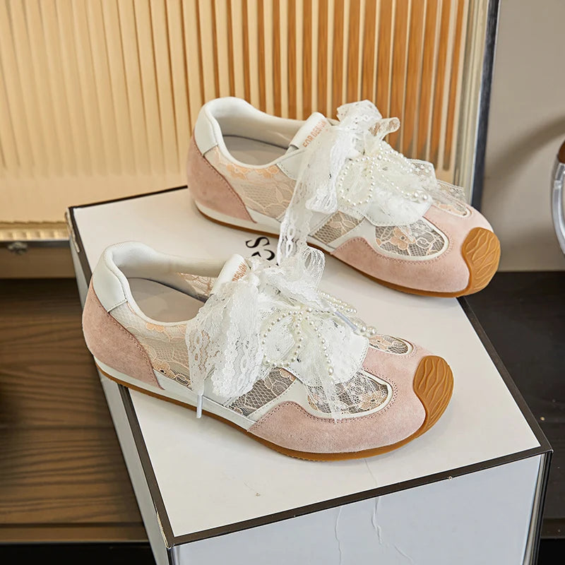 AUTUSPIN Sweet Women Shoes for Summer Lace Genuine Leather Female Sneakers String Beads Flat Platform Ladies Casual Sneaker