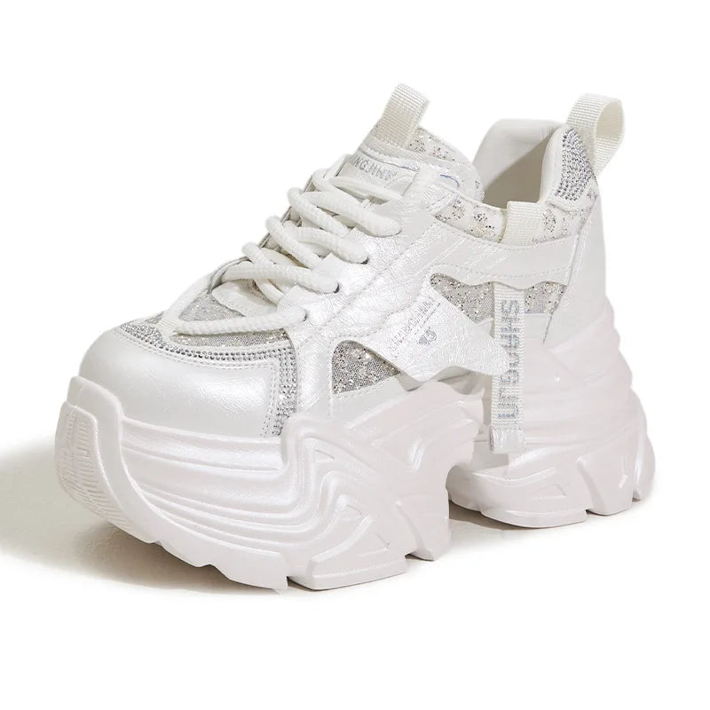 Fujin 9cm Air Mesh Microfiber Leather Bling High Brand Comfy Platform Wedge Fashion Summer Chunky Sneaker Lace Up Shoes Women