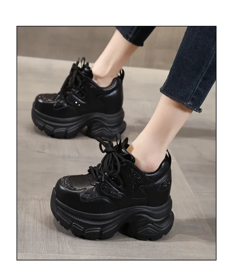 Fujin 12cm Microfiber Leather Chunky Sneaker Loafer Spring Autumn Platform Wedge Vulcanize Vulcanize High Bran Women Shoes