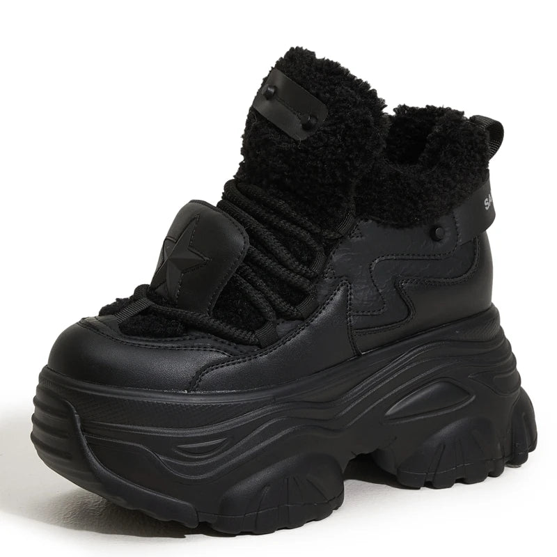 AUTUSPIN 8cm Winter Increased Height Warm Shoes for Women Fashion High Platform Thicken Sneakers Trendy Leather Chunky Shoes