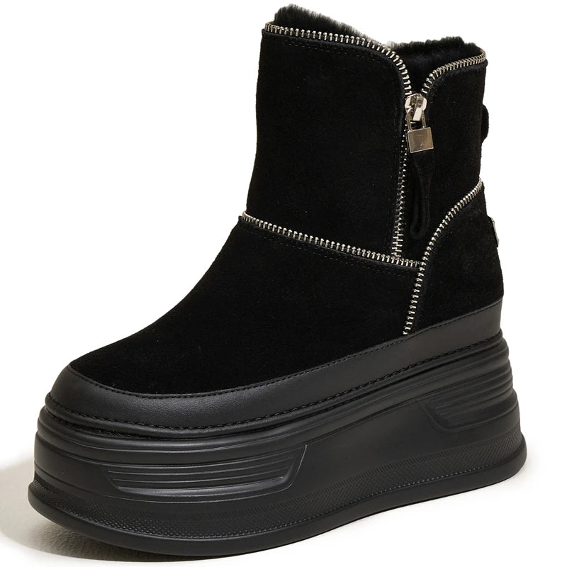 AUTUSPIN 7cm Platform Thick Bottom Snow Boots Women Winter Warm Plush Ladies Ankle Boot Suede Genuine Leather Female Shoes Woman