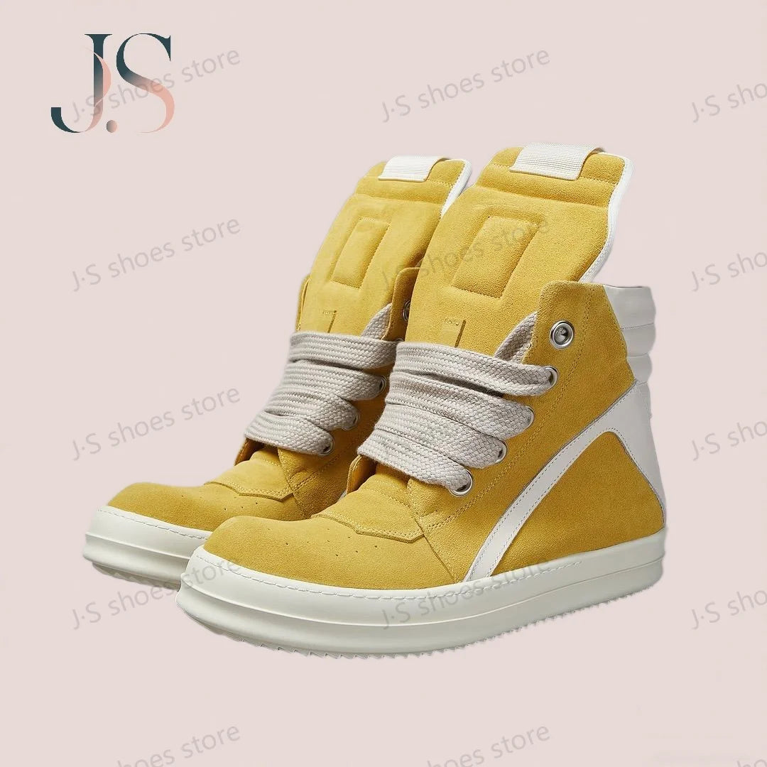 Ro Men Shoe Yellow Suede Boots Outoor High Top Casual Shoes Jumbo Laces White Leather Zipper Women Sneaker Cowhide Ankle Boot