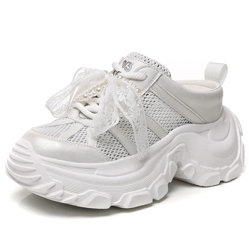 AUTUSPIN 8cm Air Mesh Synthetic Leather Vulcanize Shoes Platform Wedge Fashion Women Ins Tide Slippers Summer Breathable Sneaker