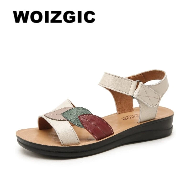 WOIZGIC Women's Mother Ladies Female Genuine Leather Sandals Shoes Platform Summer Cool Beach Soft Waterproof Leaf Non Slip